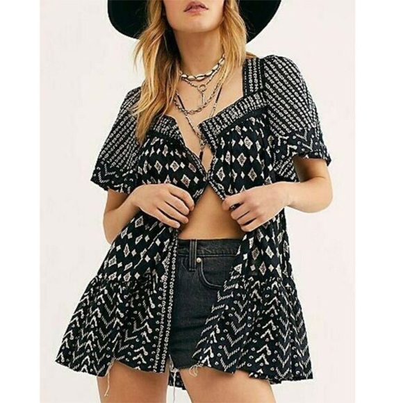 [Freepeople] Black White Printed Lace Button down  Oversized Boho Dresse - Picture 2 of 13